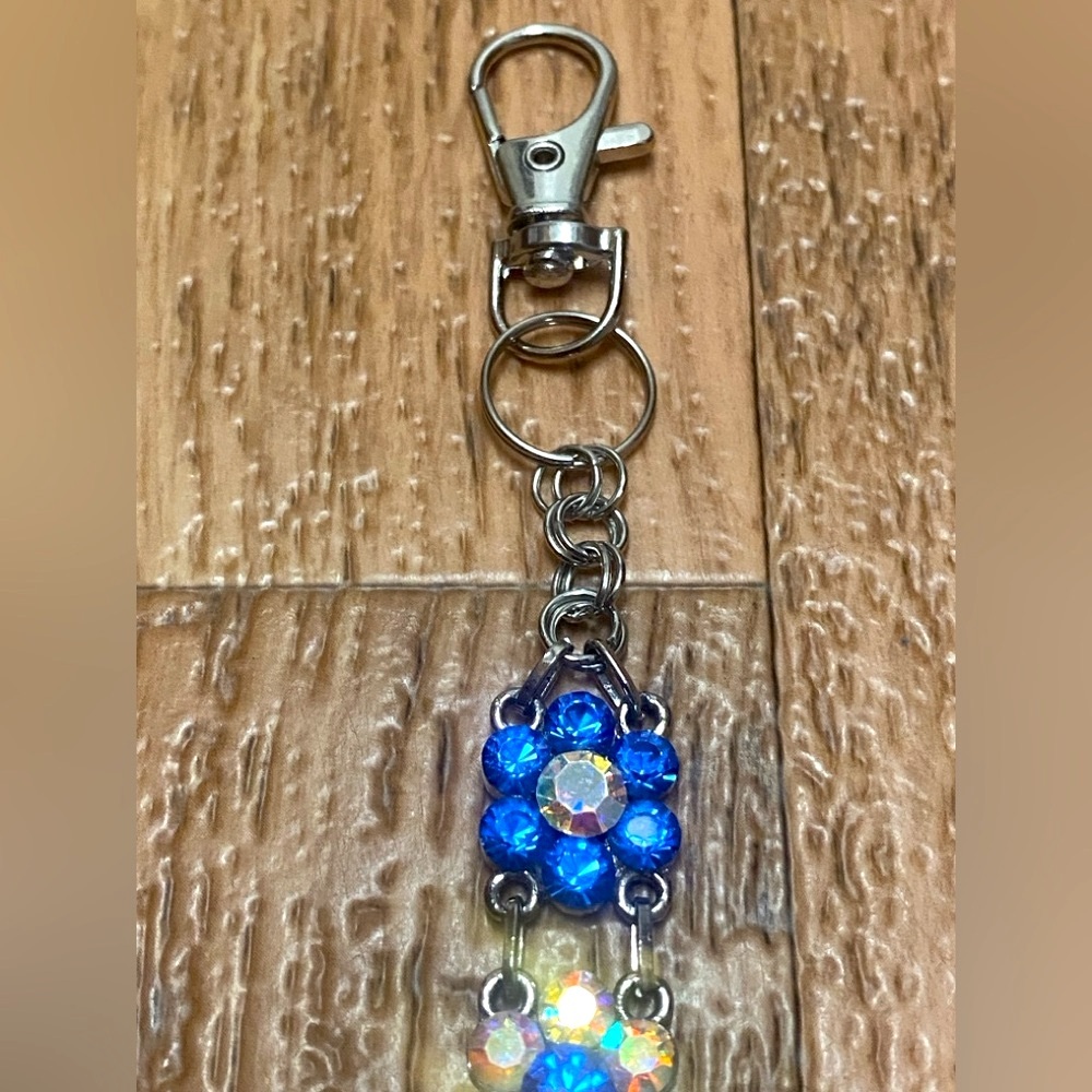Hand Crafted Spring Floral Bag Charm With Blue & Aurora Borealis Rhinestones - Picture 7 of 7